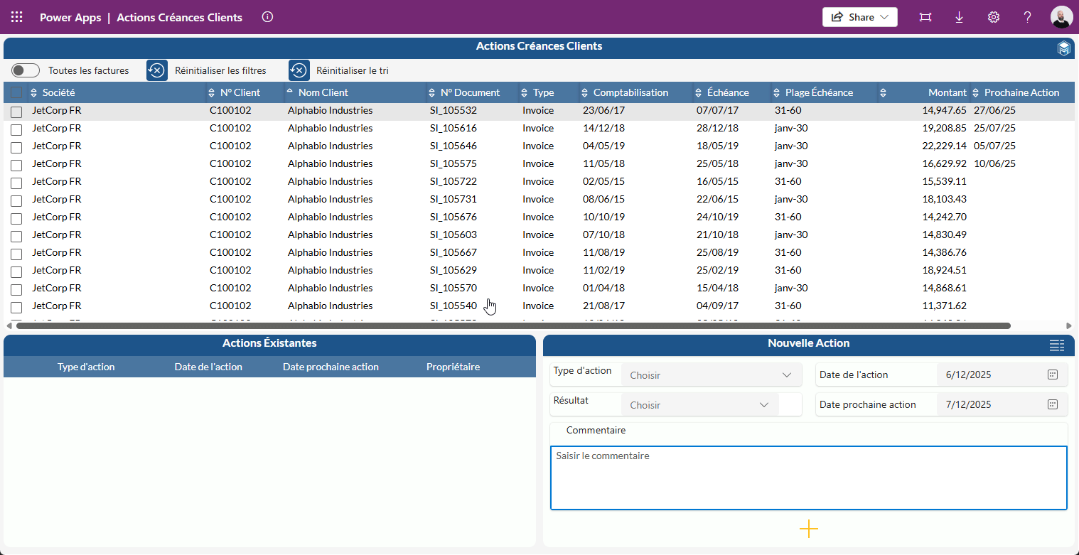 Actions Créances Clients (Power Apps)