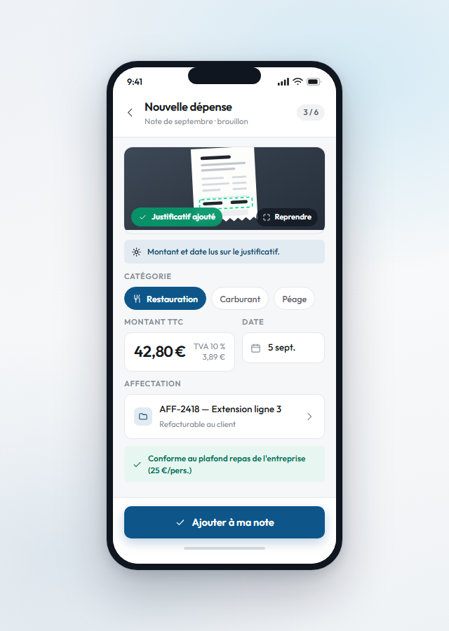 Application de notes de frais sur téléphone mobile, avec saisie du montant et photo du justificatif